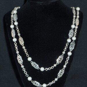 Brighton Geneva Faux Pearl Silver Plated 48" Long Retired Necklace Hang Charms